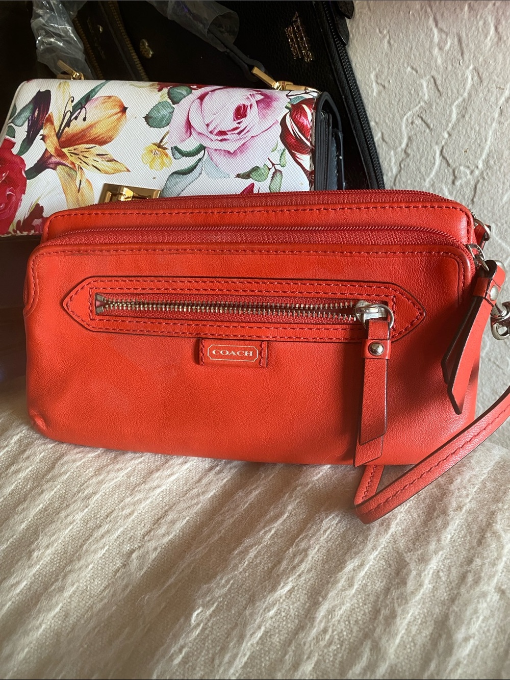 COACH Orange Leather Wristlet with Front Zip